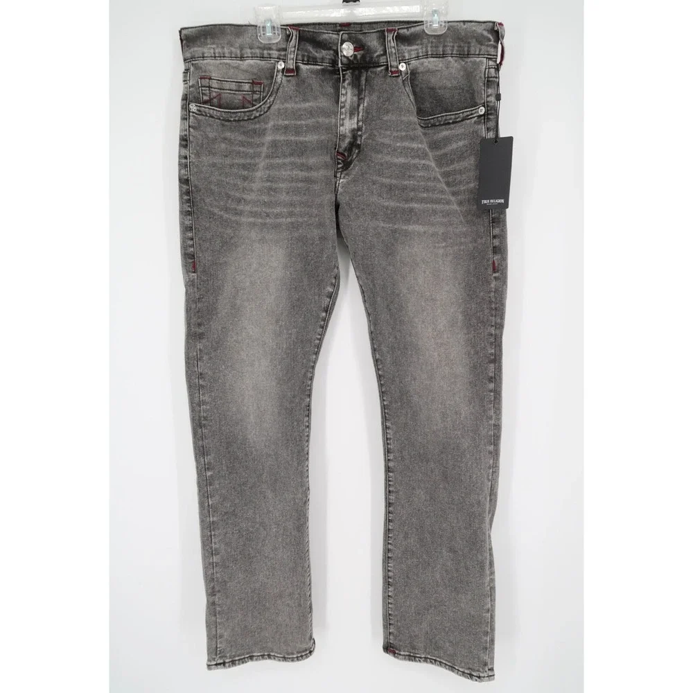 True Religion 36 Ricky Straight Bounty Gray Wash Red Stitching Denim‎ Jeans NEW